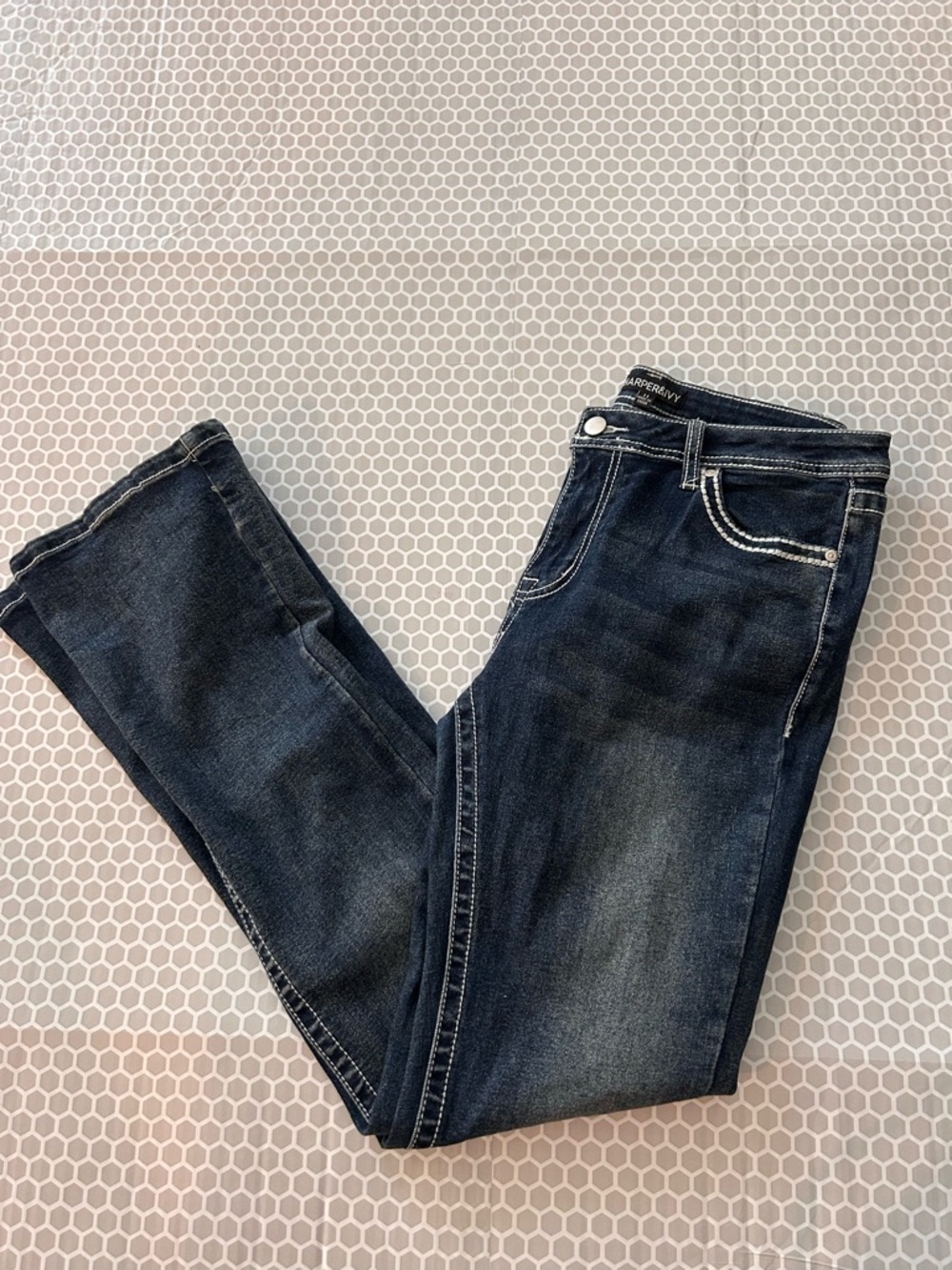 Harper & Ivy Dark Blue Boot Cut Jeans with White Embroidered Pocket. Size 11 - Picture 2 of 9